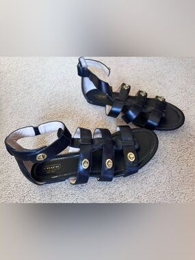 Coach Black Leather Gladiator Sandals with Gold Toggle Accents
